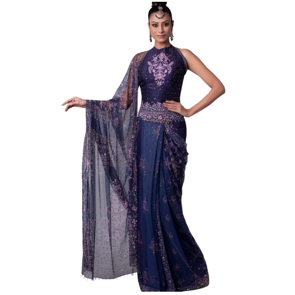 Sari & Corset two piece set. Dark purple & lilac contrast pattern. NWOT
